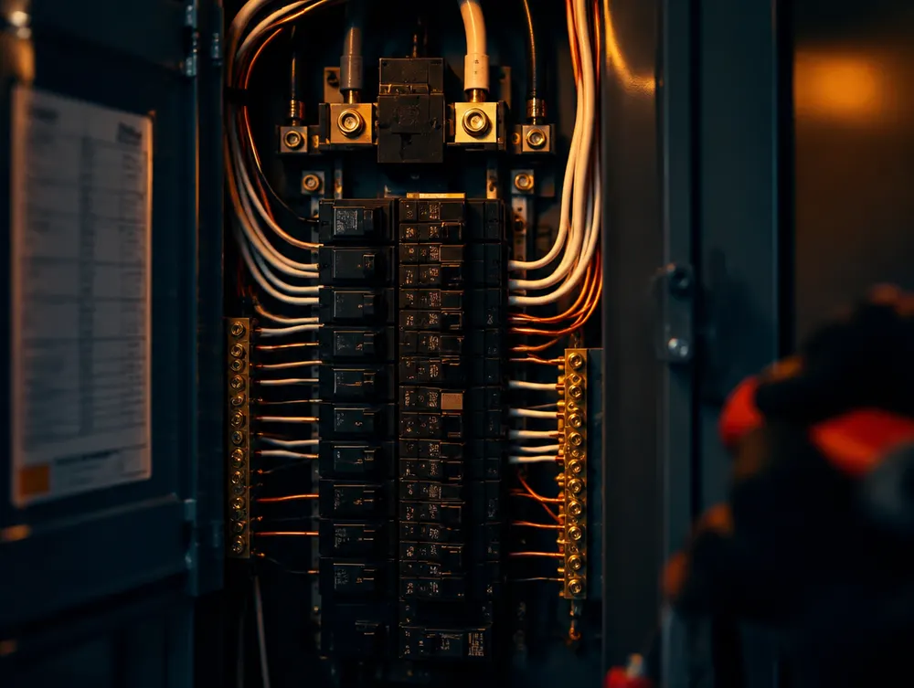 Open electrical panel with neatly organized wiring lit in warm light